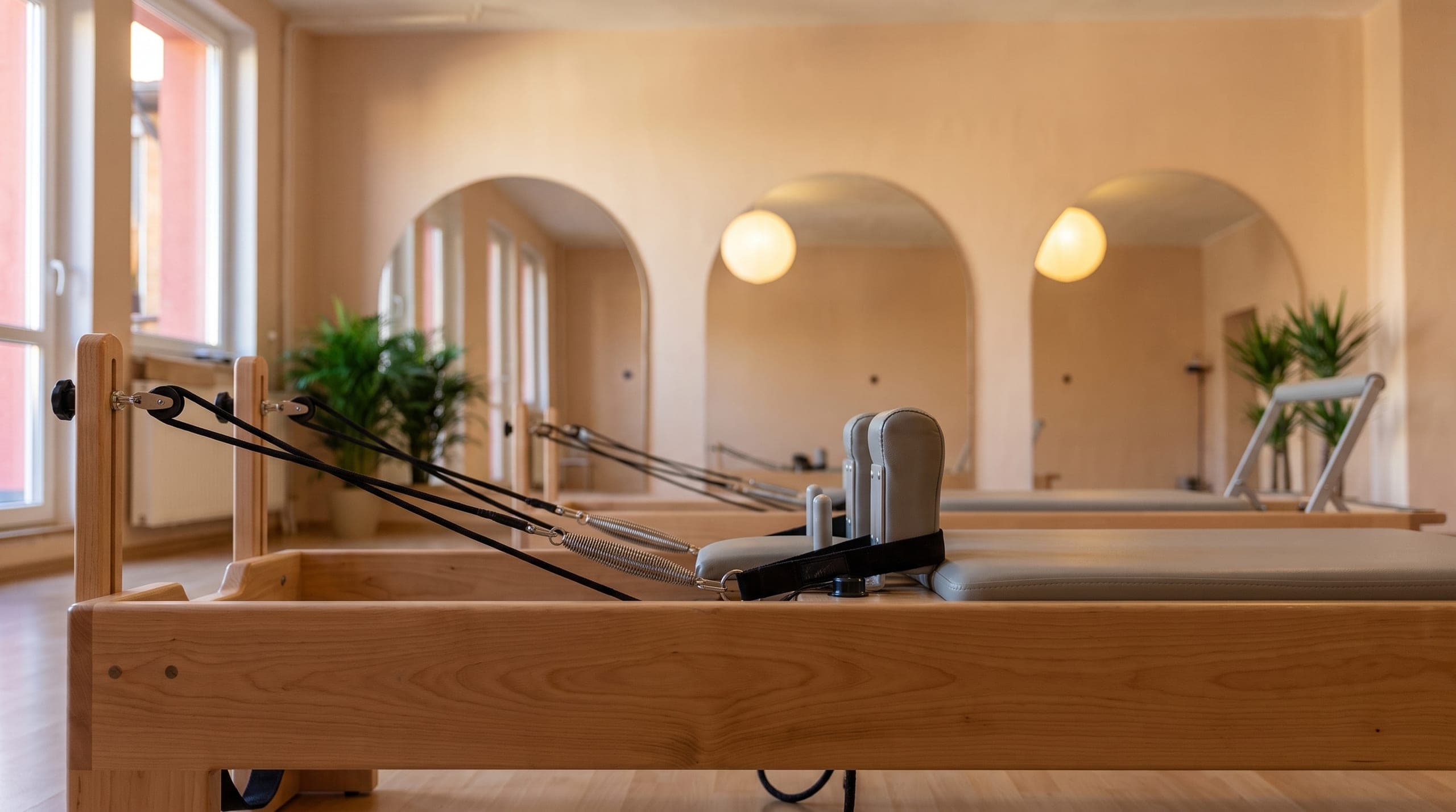 Pilates Reformer s popruhy a pružinami, v pozadí zrcadlové oblouky sálu