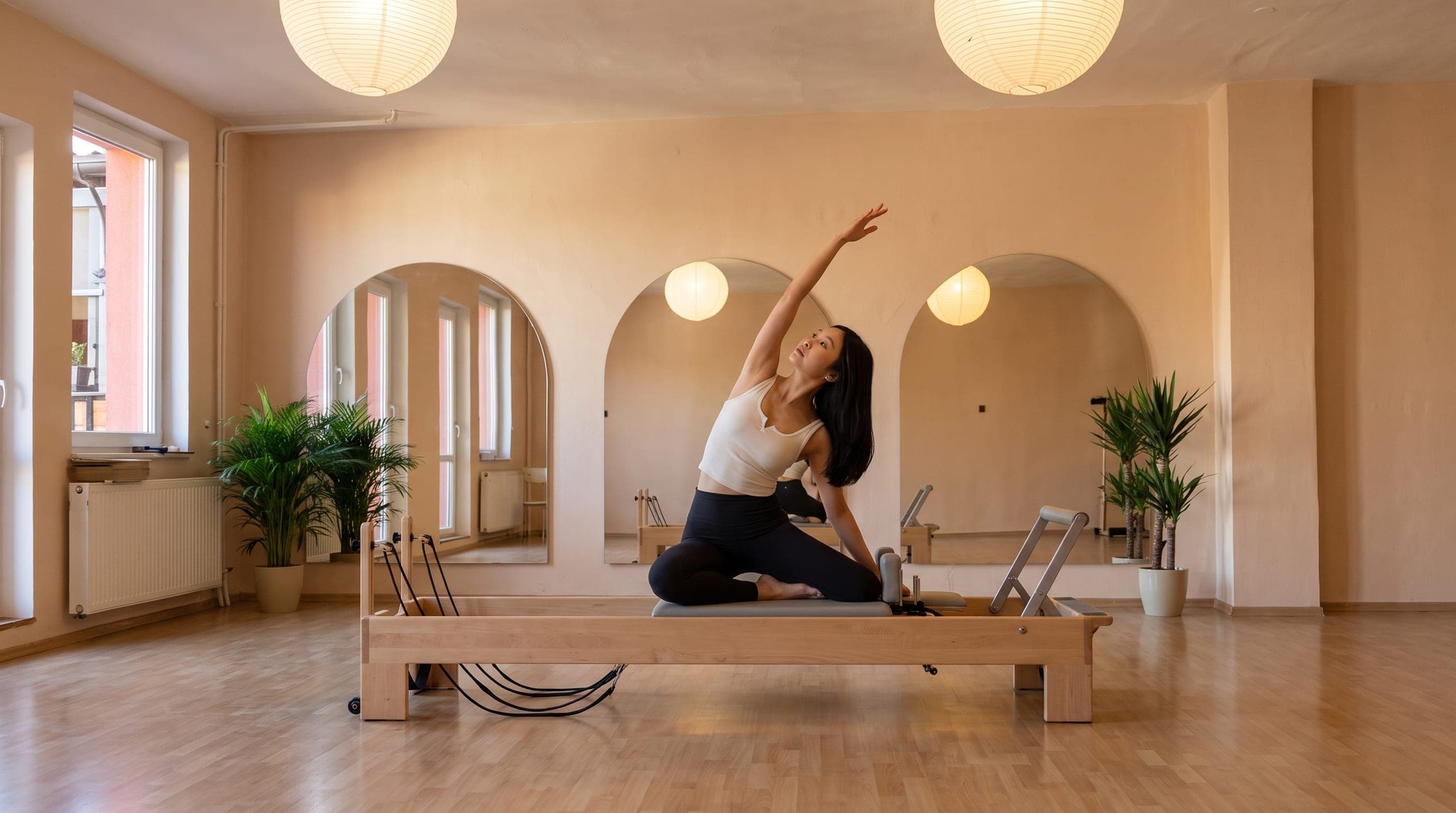 Žena se protahuje na Pilates Reformeru ve studiu Axis Pilates v Jablunkově